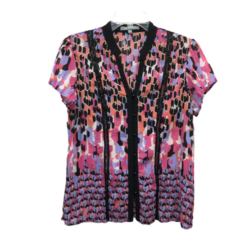 NY COLLECTION Pink Black Abstract Print V-Neck Short Sleeve Blouse M